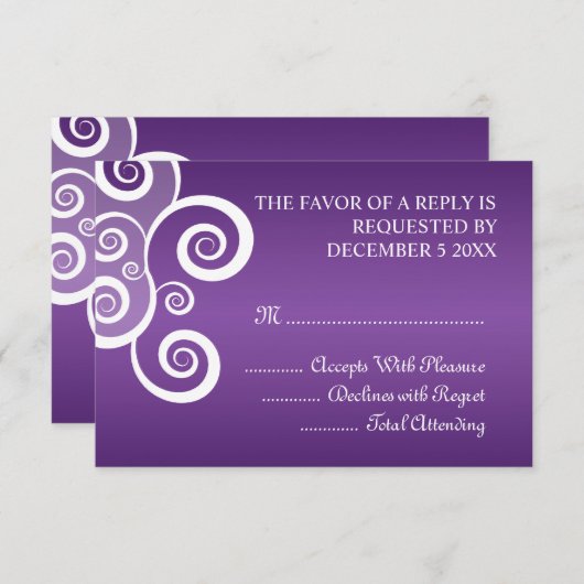 エレガントな結婚RSVPの白は紫色渦巻きます 出欠カード (正面/裏面)