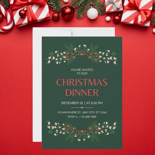 エレガントな緑と赤の花のクリスマスディナー 招待状