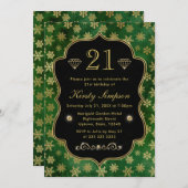 エレガントな緑と金の冬の雪の結晶の誕生日 招待状 (正面/裏面)