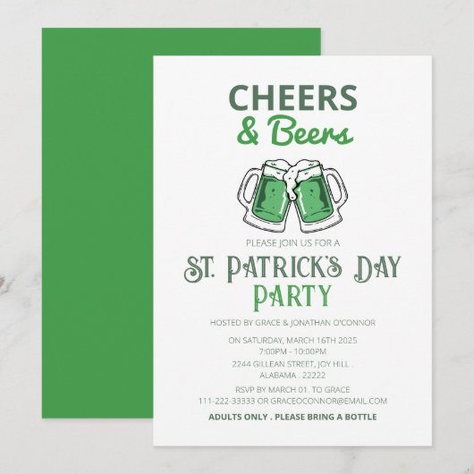エレガントな緑のクローバー セントパトリックデーパーティー 招待状 (正面/裏面)
