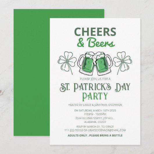 エレガントな緑のシャムロック セントパトリックデーパーティー 招待状 (正面/裏面)