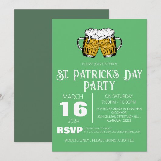 エレガントな緑のシャムロック セントパトリックデーパーティー 招待状 (正面/裏面)