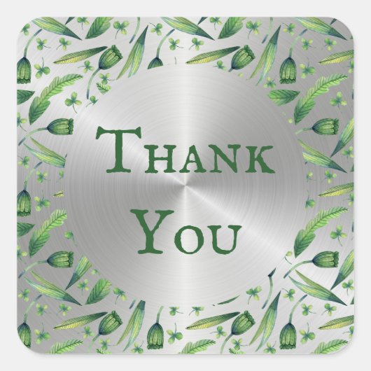 エレガントな緑のシルバー水彩花の感謝 スクエアシール (正面)