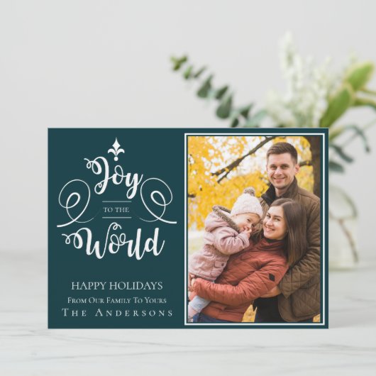 エレガントな緑のタイポグラフィ写真 喜びに満ちた世界へ シーズンカード (スタンド正面)