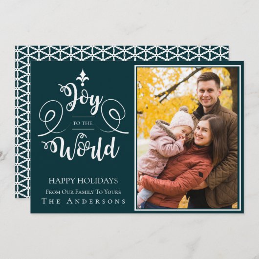 エレガントな緑のタイポグラフィ写真 喜びに満ちた世界へ シーズンカード (正面/裏面)