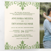 エレガントな緑のダマスク柄の伝統的なインドの結婚式 三つ折り招待状 (内部最初)