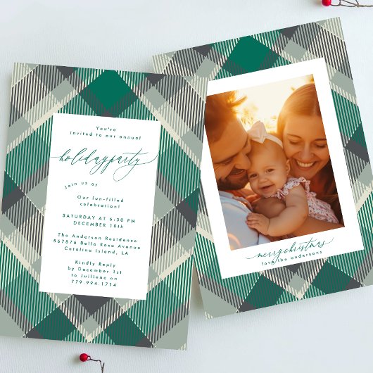 エレガントな緑のチェック柄の写真を使用したクリスマスホリデーパーティー 招待状