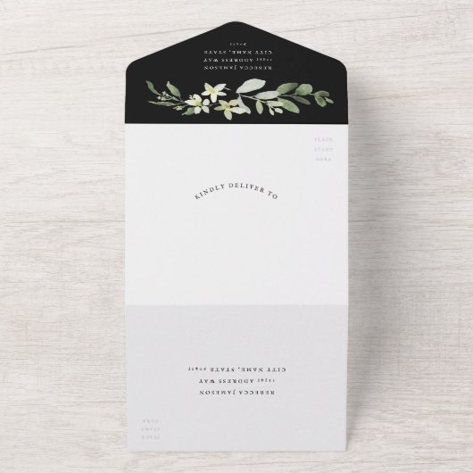 エレガントな緑のブラックウェディング オールインワン招待状 (外側)