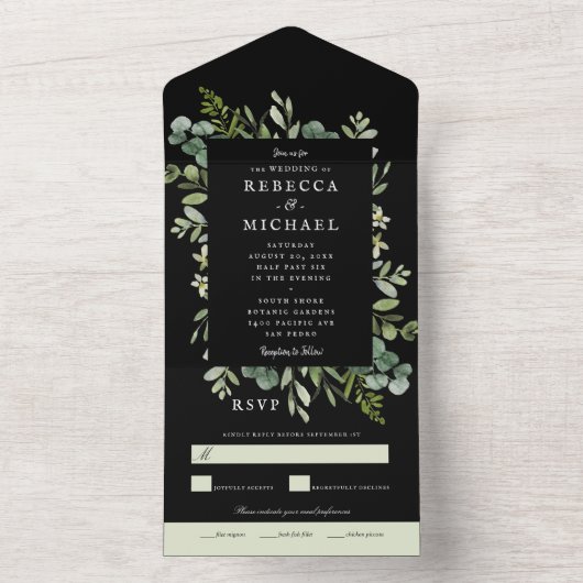 エレガントな緑のブラックウェディング オールインワン招待状 (内側)