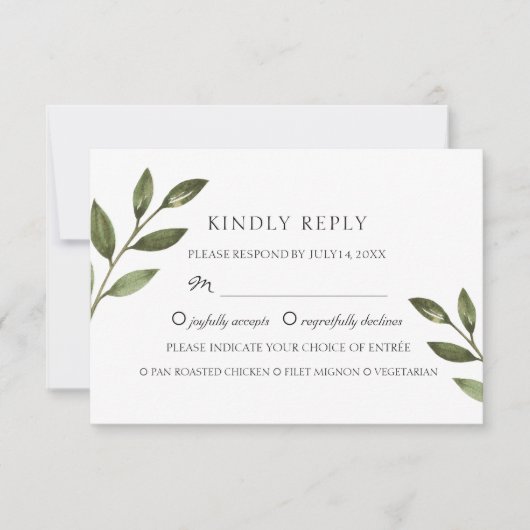 エレガントな緑の枝。おしゃれなウェディング 出欠カード (正面)