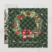 エレガントな緑の格子模様のリースの写真 メリークリスマス シーズンカード (正面/裏面)
