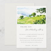エレガントな緑の水彩地方の丘での結婚式 招待状 (正面/裏面)