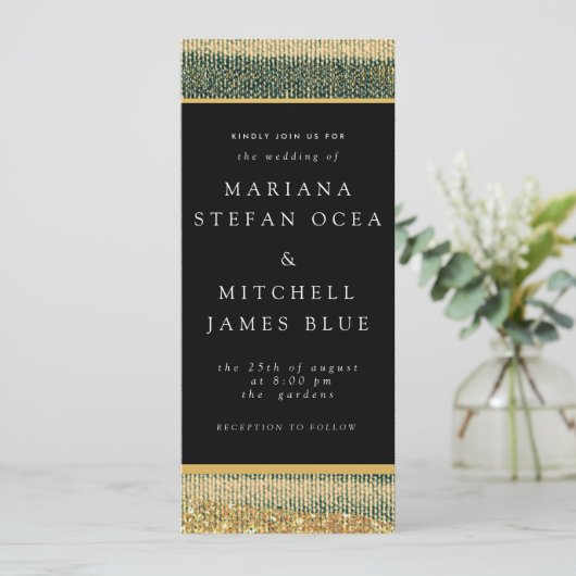 エレガントな緑の筆ブラシと金と黒の招待状 招待状 (スタンド正面)