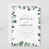 エレガントな緑の葉の枠線 現代のウェディング 招待状 (正面)