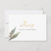 エレガントな緑の葉の植物学的なゴールドの結婚式の出欠確認 招待状 (正面)