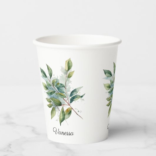 エレガントな緑の葉の水彩画、カスタムオーダー 紙コップ (正面)