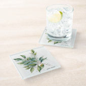 エレガントな緑の葉の水彩画、カスタム ガラスコースター (アングル)