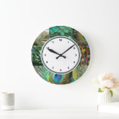 エレガントな緑及び青の孔雀の羽パターン ラージ壁時計 (ホーム)