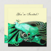 エレガントな緑、黒、金の孔雀 招待状 (正面/裏面)