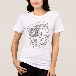 エレガントな線画の馬 – 女性向けアーティスティックTシャツ トライブレンドTシャツ