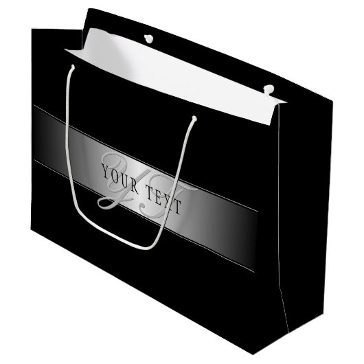 エレガントな編集可能なモノグラムスクリプトライティング | ブラック ラージペーパーバッグ (正面アングル)