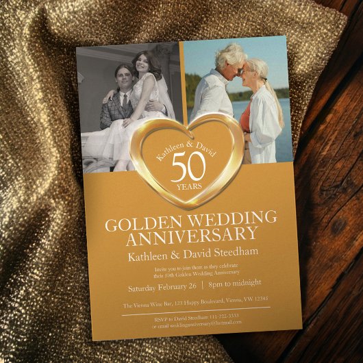 エレガントな縦型 ゴールデン50周年結婚記念日 招待状