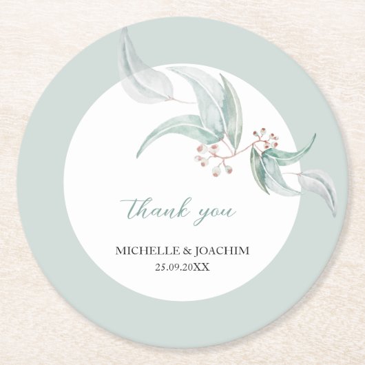 エレガントな美しいユーカリ水彩画アート ラウンドペーパーコースター (正面)