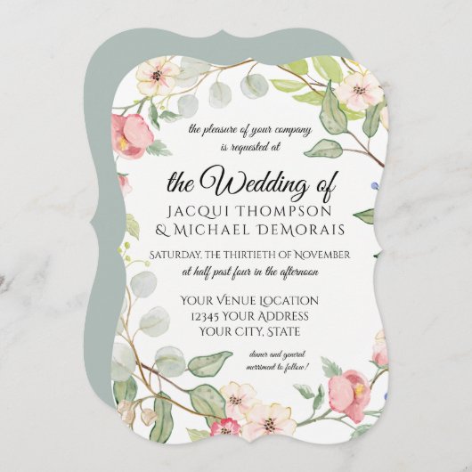 エレガントな群葉の銀製賢人の水彩画の野生のバラ 招待状 (正面/裏面)