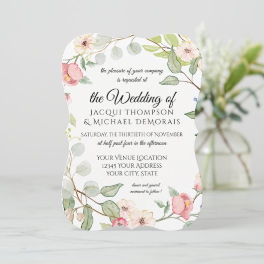 エレガントな群葉の銀製賢人の水彩画の野生のバラ 招待状 (スタンド正面)