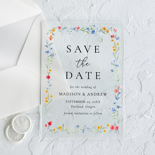 エレガントな色とりどりの野の花の結婚式Save the Date アクリル招待状