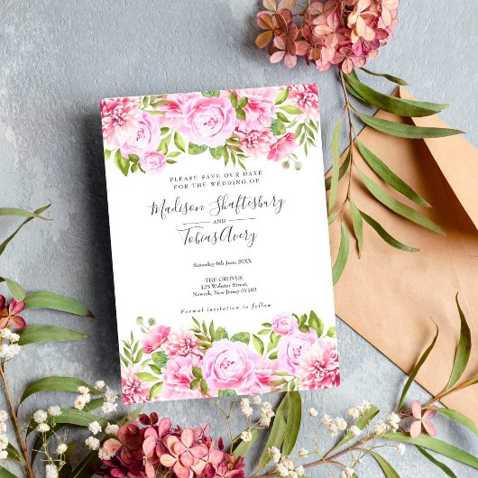 エレガントな芍薬の水彩フラワー Save the Date セーブザデート