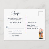 エレガントな芍薬 ラスティックランタン ネイビー コーラル ウェディング インビテーションポストカード (裏面)