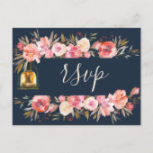 エレガントな芍薬 ラスティックランタン ネイビー コーラル ウェディング インビテーションポストカード (正面)