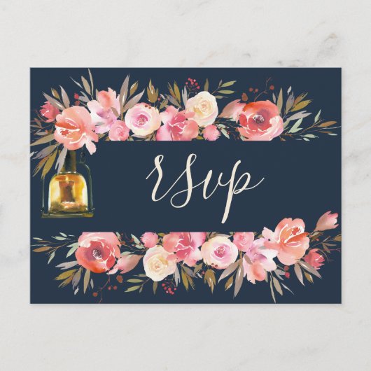 エレガントな芍薬 ラスティックランタン ネイビー コーラル ウェディング インビテーションポストカード (正面)