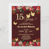 エレガントな花とゴールドの15周年記念結婚記念日フォト 招待状 (正面)