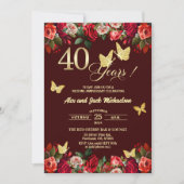 エレガントな花とゴールドの40周年結婚記念写真 招待状 (正面)