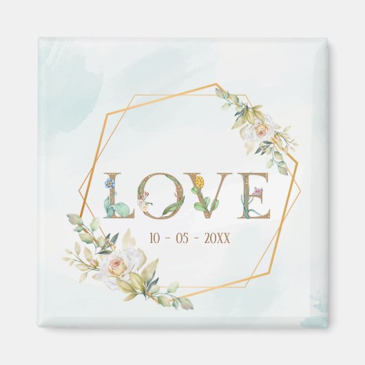 エレガントな花と緑のゴールド マグネット (正面)