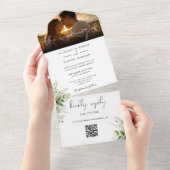 エレガントな花と緑のQRコード ウェディングフォト オールインワン招待状 (貼ってはがせる)