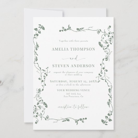 エレガントな花と葉のクラシックウェディング 招待状 (正面)
