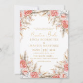 エレガントな花と葉のスペイン語 私たちの結婚式 招待状 (正面)