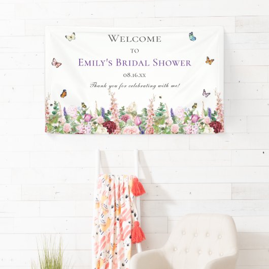 エレガントな花と蝶のブライダルシャワー 横断幕 (インサイチュ)