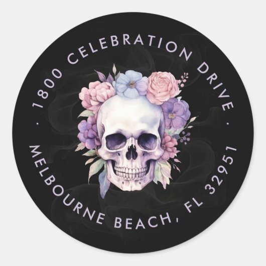 エレガントな花と骸骨のゴシック リターン アドレス ラウンドシール (正面)