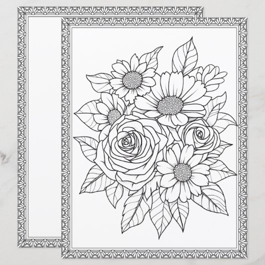 エレガントな花のぬりえページ スクラップブック用紙 (正面/裏面)