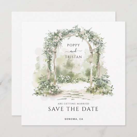 エレガントな花のアーチガーデンウェディング セーブザデート (正面/裏面)