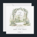 エレガントな花のアーチガーデンウェディング セーブザデート<br><div class="desc">土っぽいエレガントなボヘミアンフラワーのアーボーアーチ植物の屋外ウェディングの保存日付のお知らせ。白と緑の色合いで、第一世紀のローマの碑文に触発された美しいアンティークスタイルのフォント。春、夏、または秋のウェディングに最適。裏面は無地の白です。</div>