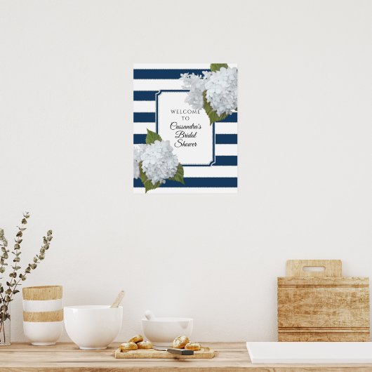 エレガントな花のウェルカム モダンネイビー ホワイト ストライプ ポスター (キッチン)