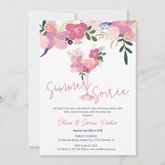 エレガントな花のカクテル 手描きのサマーソワレ 招待状 (正面)