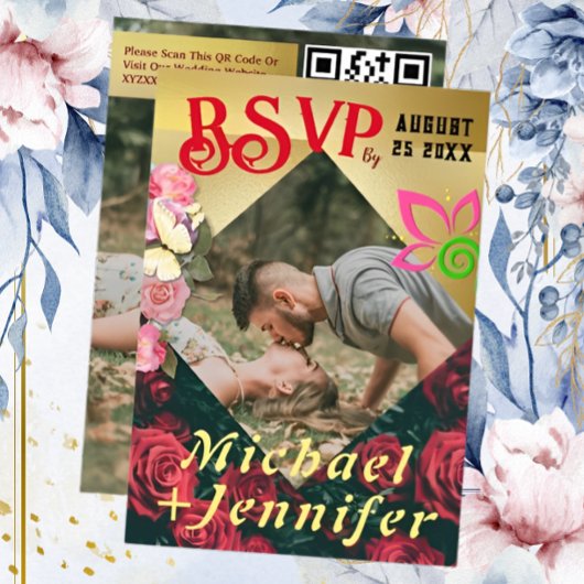 エレガントな花のカスタム写真ウェディング返信カード 出欠カード