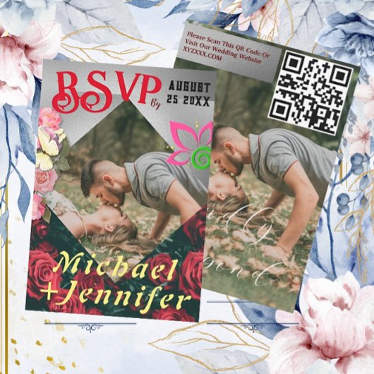 エレガントな花のカスタム写真ウェディング返信カード 出欠カード