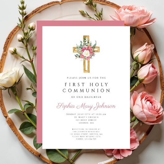 エレガントな花のクロス 初の聖体拝領 招待状